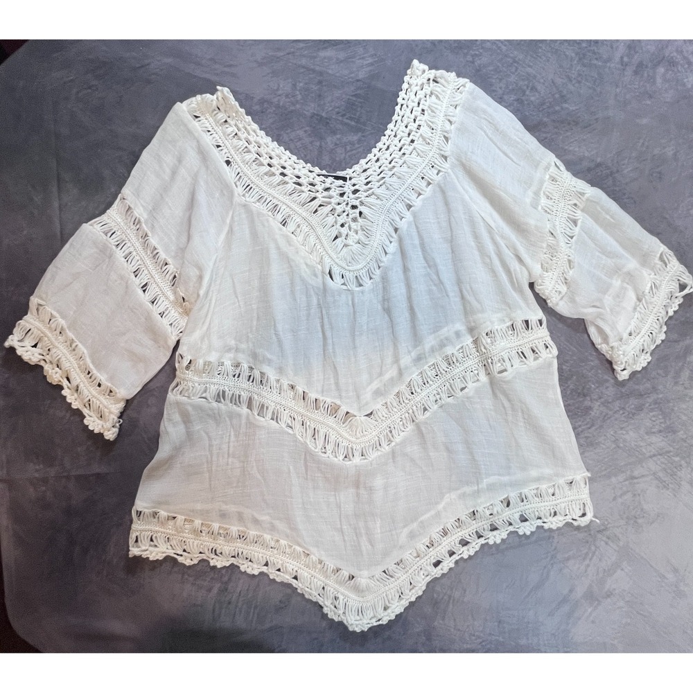 Vivid Beach Top Womens Size 2X White Crochet Trim Lightweight Boho 3/4 Sleeve